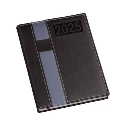 Agenda diária 2025 em couro sintético preto com detalhe vertical cinza e costura aparente