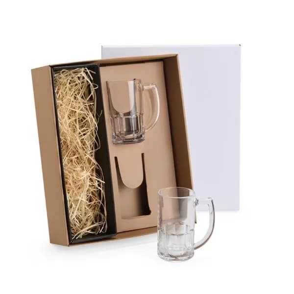 Jogo de canecas de vidro para cerveja 340 ml em caixa kraft para presente com palha decorativa