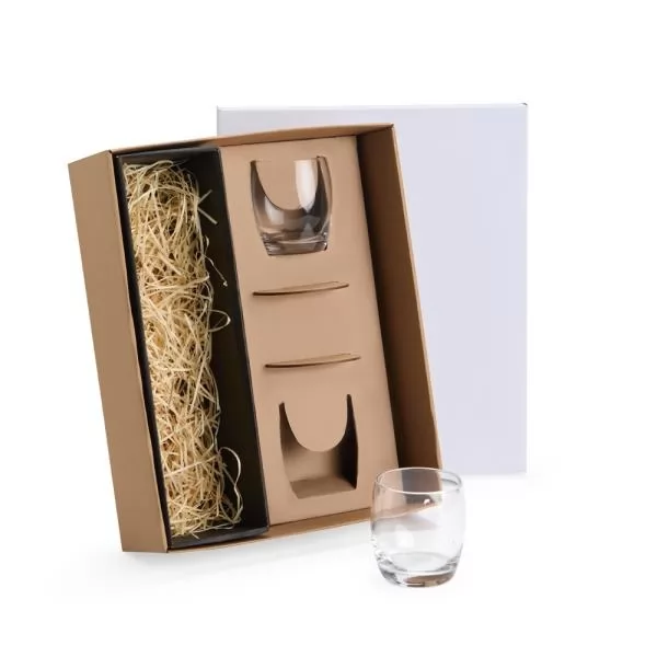 Jogo de copos de vidro para whisky com caixa de presente kraft, palha decorativa e tampa branca