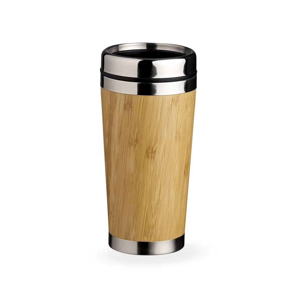 Copo de bambu 500ml com revestimento em bambu natural e detalhes em inox sobre fundo branco