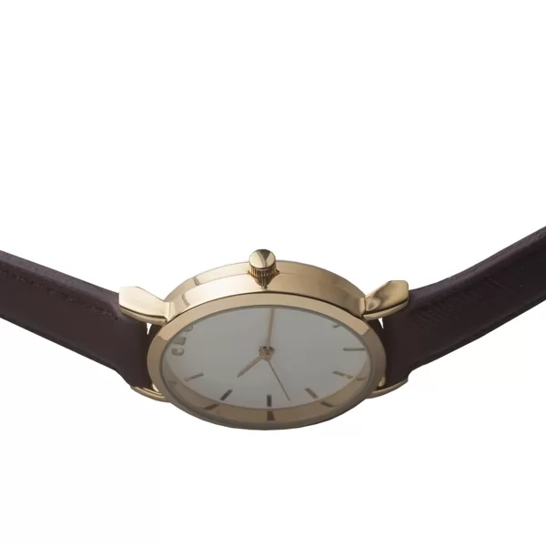 Relógio Bagatelle com caixa dourada, mostrador branco e pulseira de couro bordô em ângulo lateral