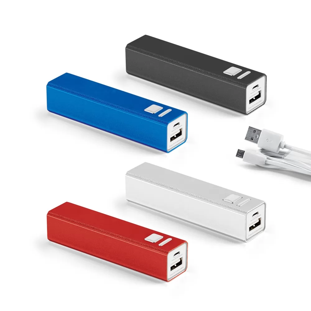 Bateria portátil Leo 2.2 metálica nas cores azul, preto, prata e vermelho com cabo USB