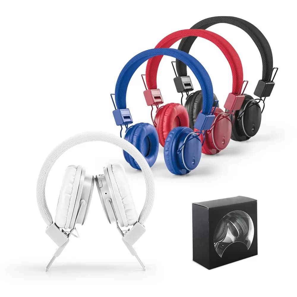 Fones de ouvido bluetooth dobráveis Bannon nas cores branco, azul, vermelho e preto, com embalagem ao lado