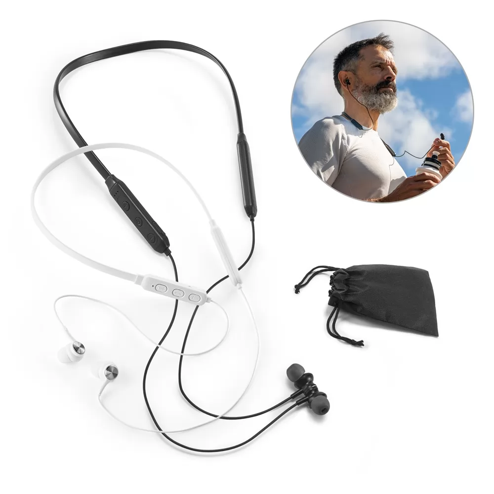 Fones de ouvido bluetooth Medley com apoio de pescoço nas cores preto e branco, com saquinho e foto de uso
