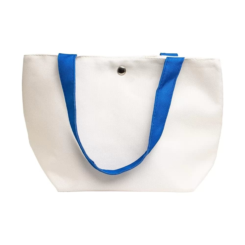 Bolsa de lona de corpo claro com alças azuis e botão de fechamento, vista de frente sobre fundo branco.