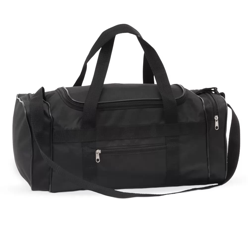 Bolsa preta de nylon de 23 litros com alças de mão, bolso frontal e alça transversal apoiada à frente.