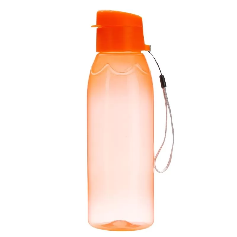 Garrafa plástica translúcida laranja de 700 ml com tampa de bocal fechado e alça lateral clara.