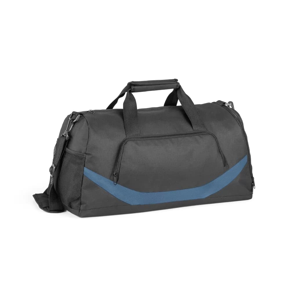 Bolsa esportiva Bago cinza escura com detalhe azul, bolso frontal, alças de mão e alça de ombro.