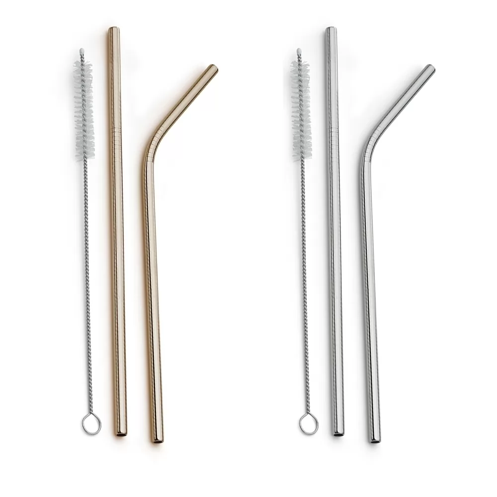 Conjunto de canudos de inox com limpador exibindo modelos retos e curvados em fundo branco